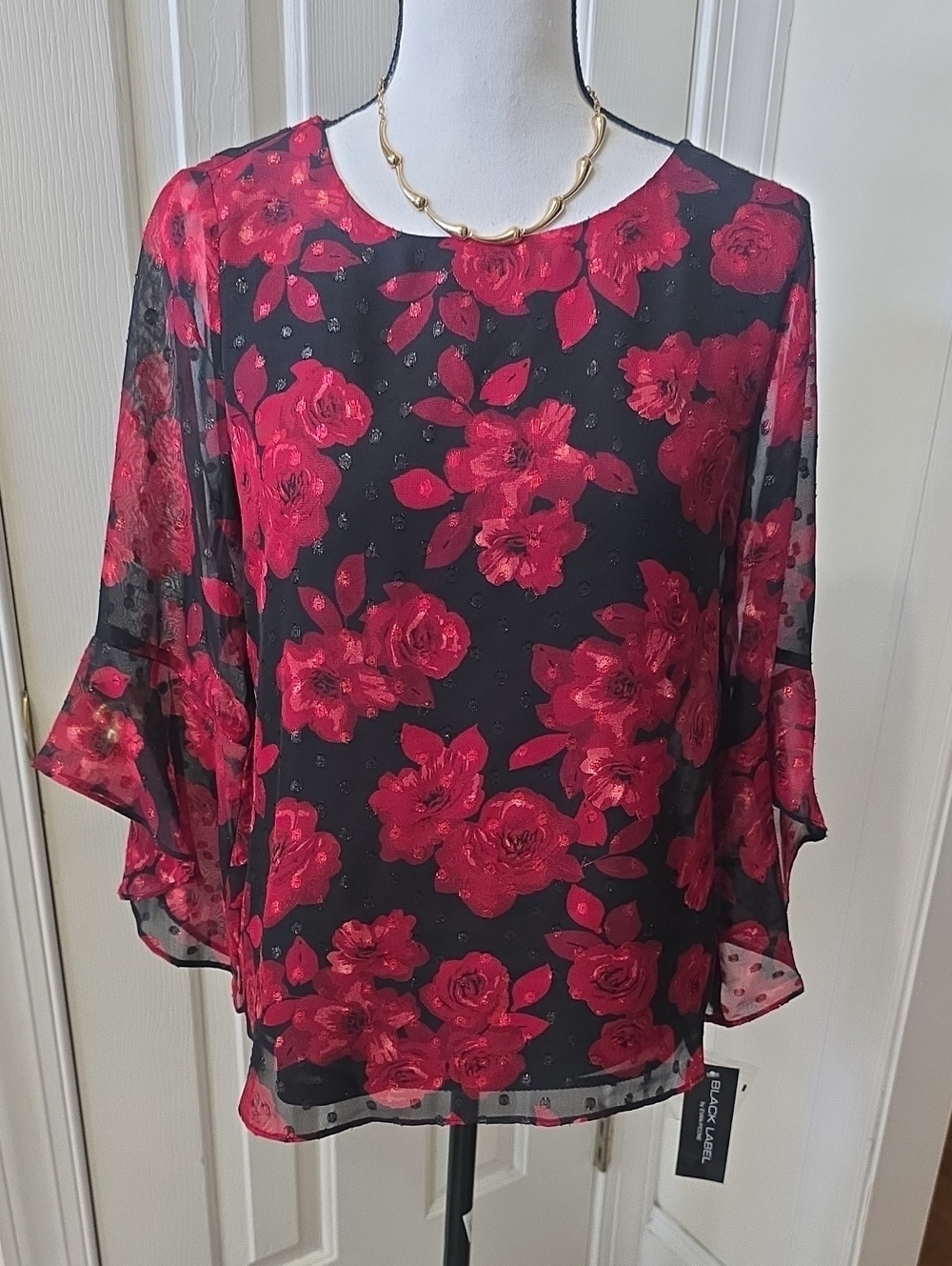 BLACK LABEL BRAND WOMEN'S BLACK FLORAL FLOWING SLEEVES PULLOVER TOP SIZE SMALL